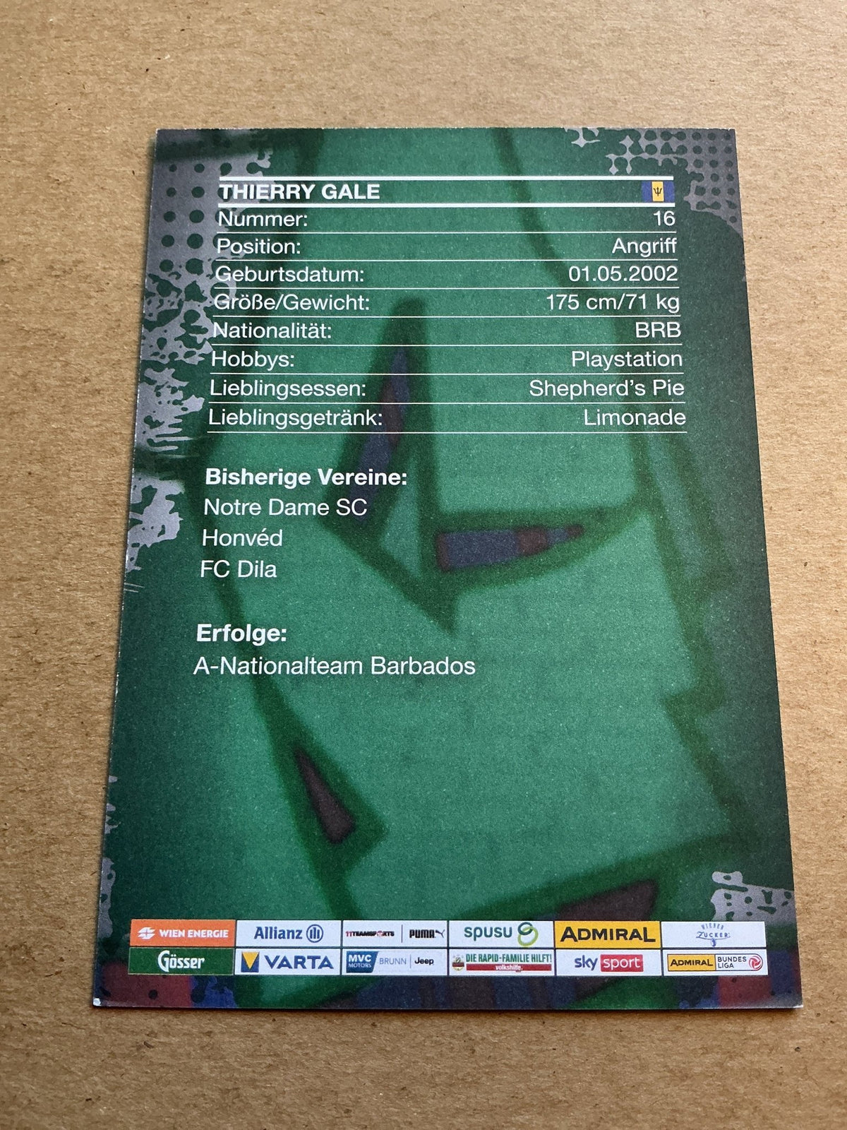 Thierry Gale, Barbados 🇧🇧 SK Rapid Wien 2023/24 hand signed - Autographs-World