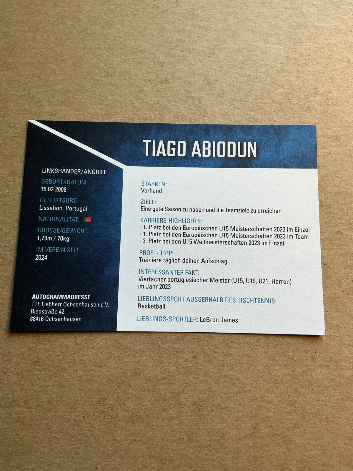 Tiago Abiodun, Portugal 🇵🇹 Table Tennis Sports 2024 hand signed - Autographs-World
