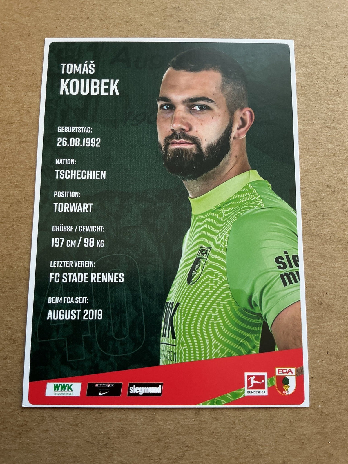 Tomáš Koubek, Czech Republic 🇨🇿 FC Augsburg 2020/21 hand signed - Autographs-World