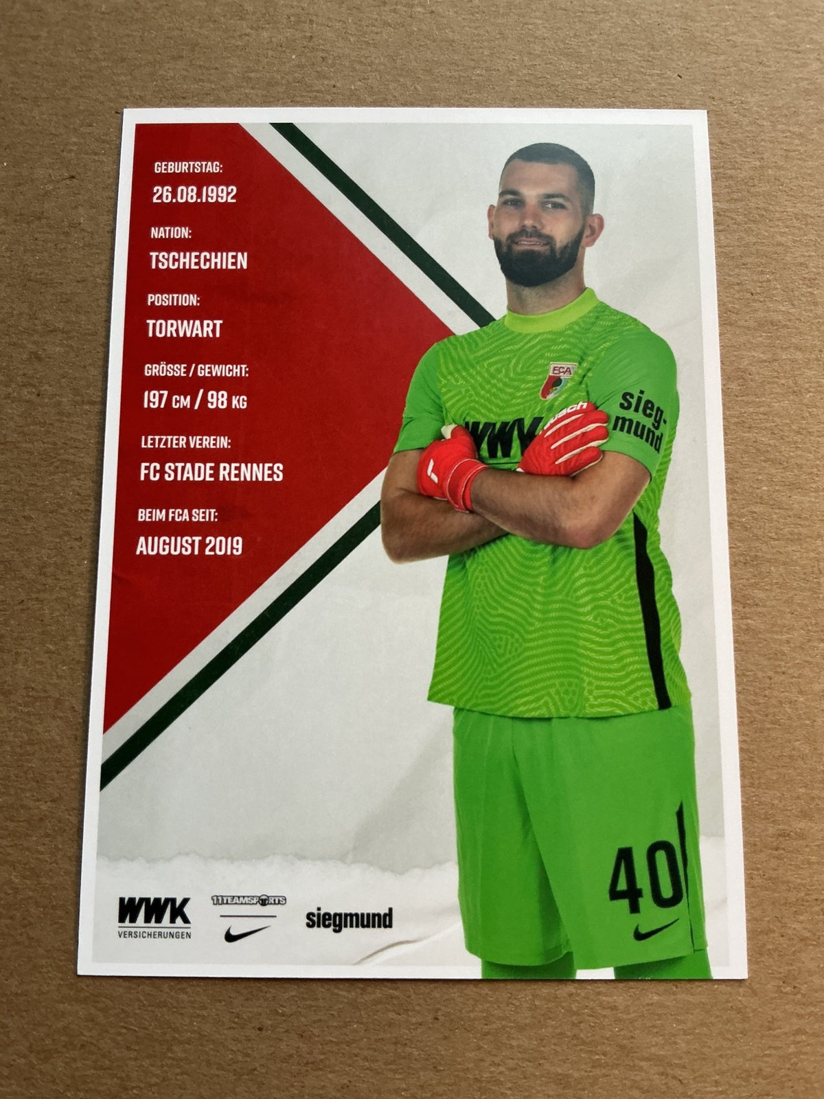 Tomáš Koubek, Czech Republic 🇨🇿 FC Augsburg 2021/22 hand signed - Autographs-World