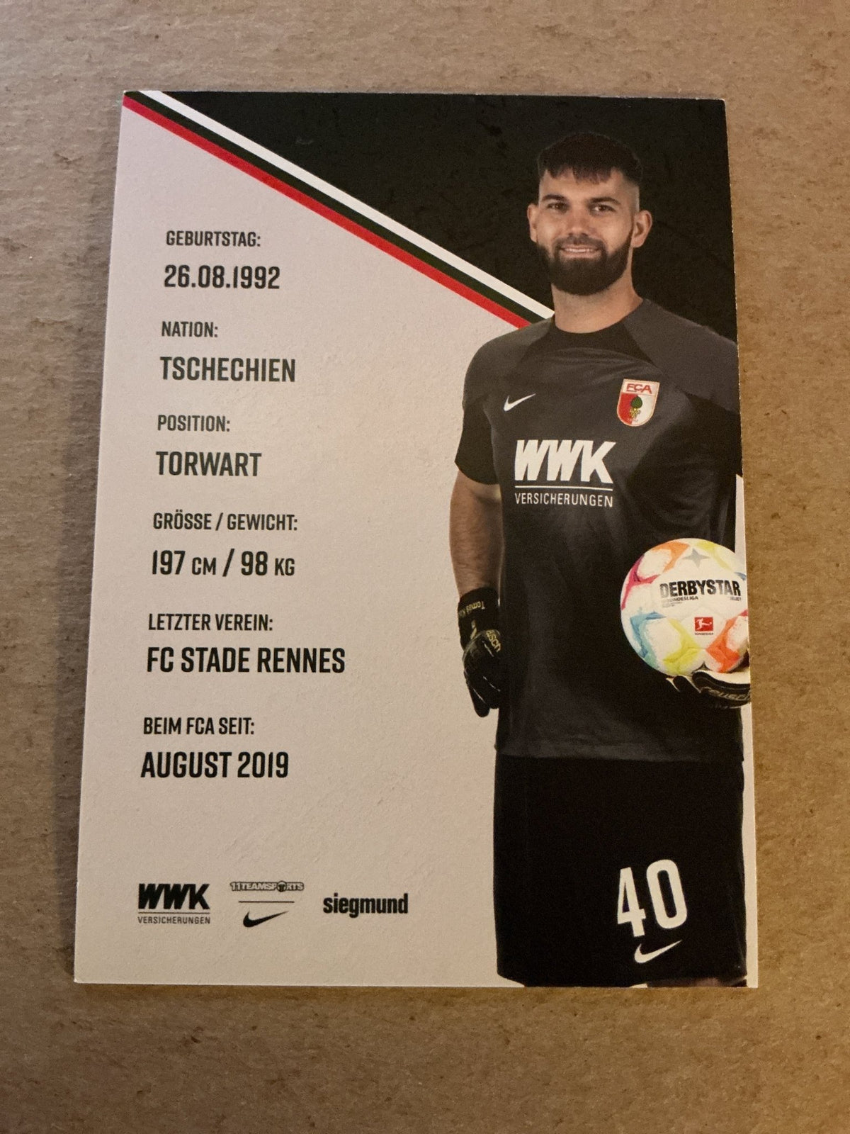 Tomáš Koubek, Czech Republic 🇨🇿 FC Augsburg 2022/23 hand signed - Autographs-World