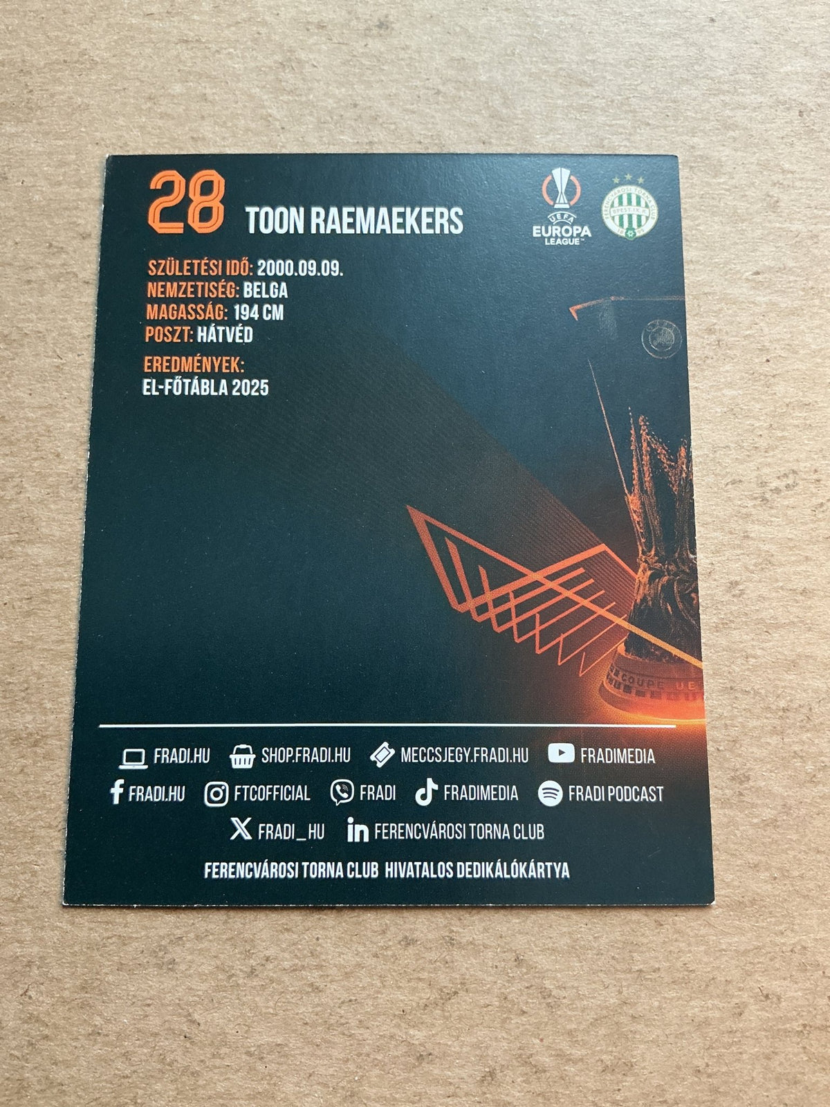 Toon Raemaekers, Belgium 🇧🇪 Ferencvaros 2025/26 hand signed - Autographs-World