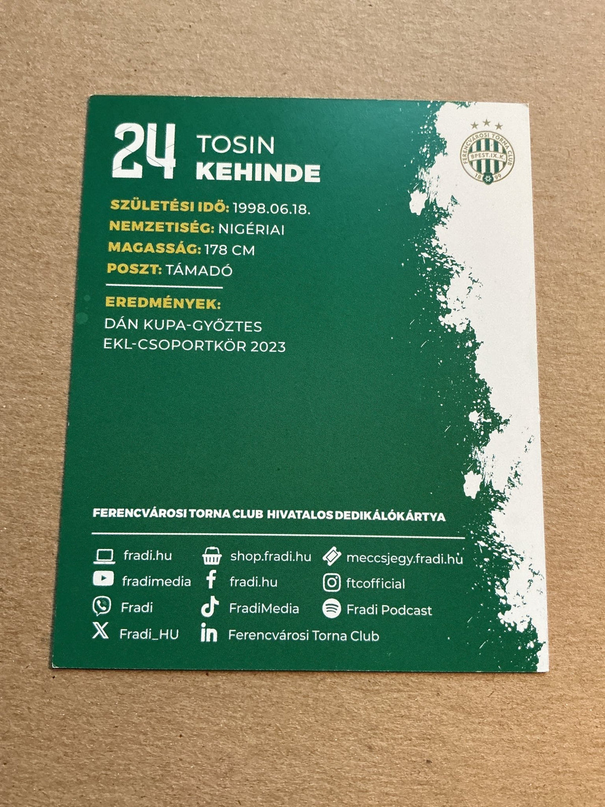 Tosin Kehinde, Nigeria 🇳🇬 Ferencváros TC 2023/24 hand signed - Autographs-World