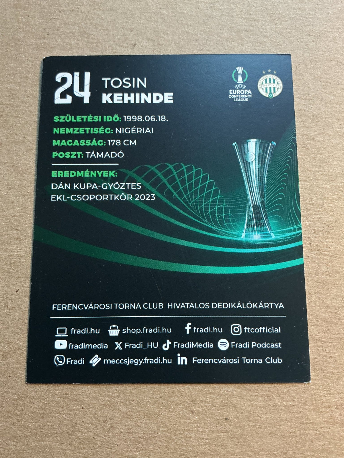 Tosin Kehinde, Nigeria 🇳🇬 Ferencváros TC 2023/24 hand signed - Autographs-World