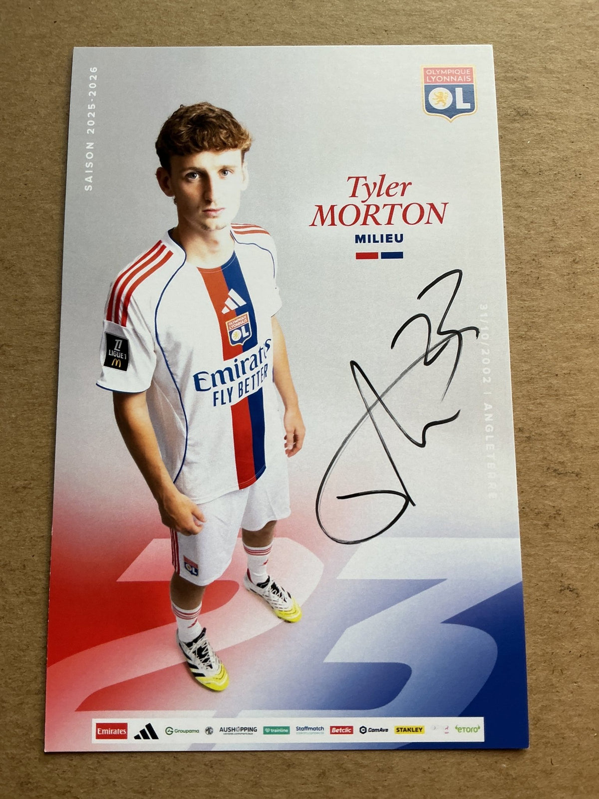 Tyler Morton, England 🏴󠁧󠁢󠁥󠁮󠁧󠁿 Olympique Lyon 2025/26 hand signed - Autographs-World