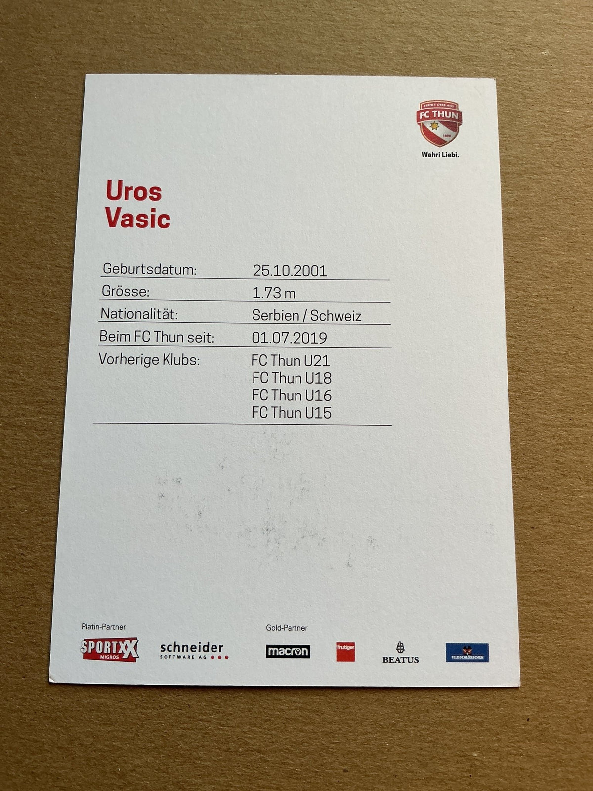 Uros Vasic, Serbia 🇷🇸 FC Thun 2022/23 hand signed - Autographs-World