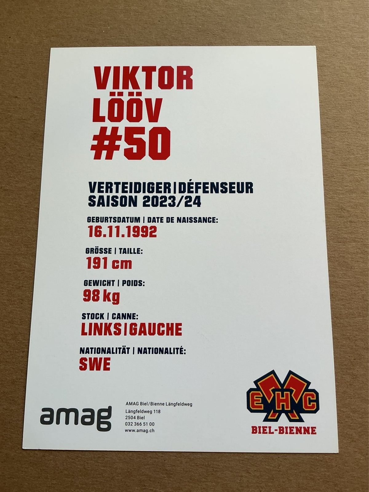 Viktor Lööv, Sweden 🇸🇪 EHC Biel-Bienne 2023/24 hand signed - Autographs-World
