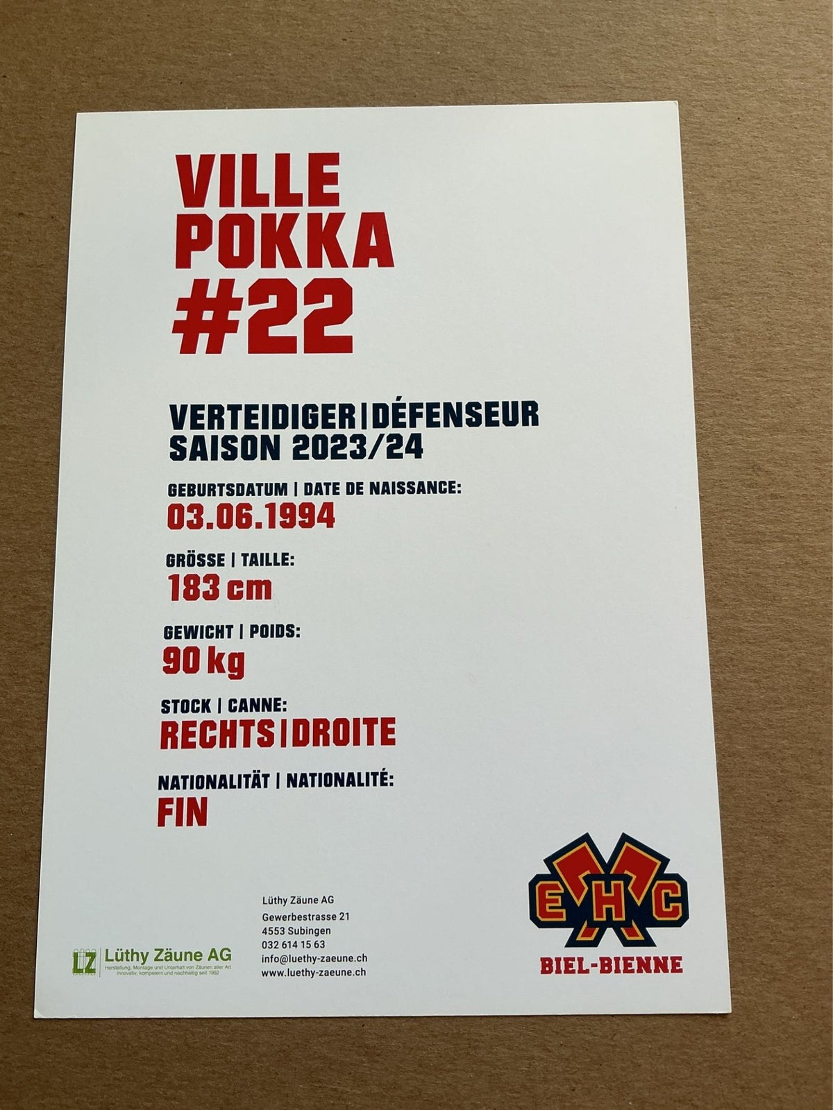 Ville Pokka, Finland 🇫🇮 EHC Biel-Bienne 2023/24 hand signed - Autographs-World