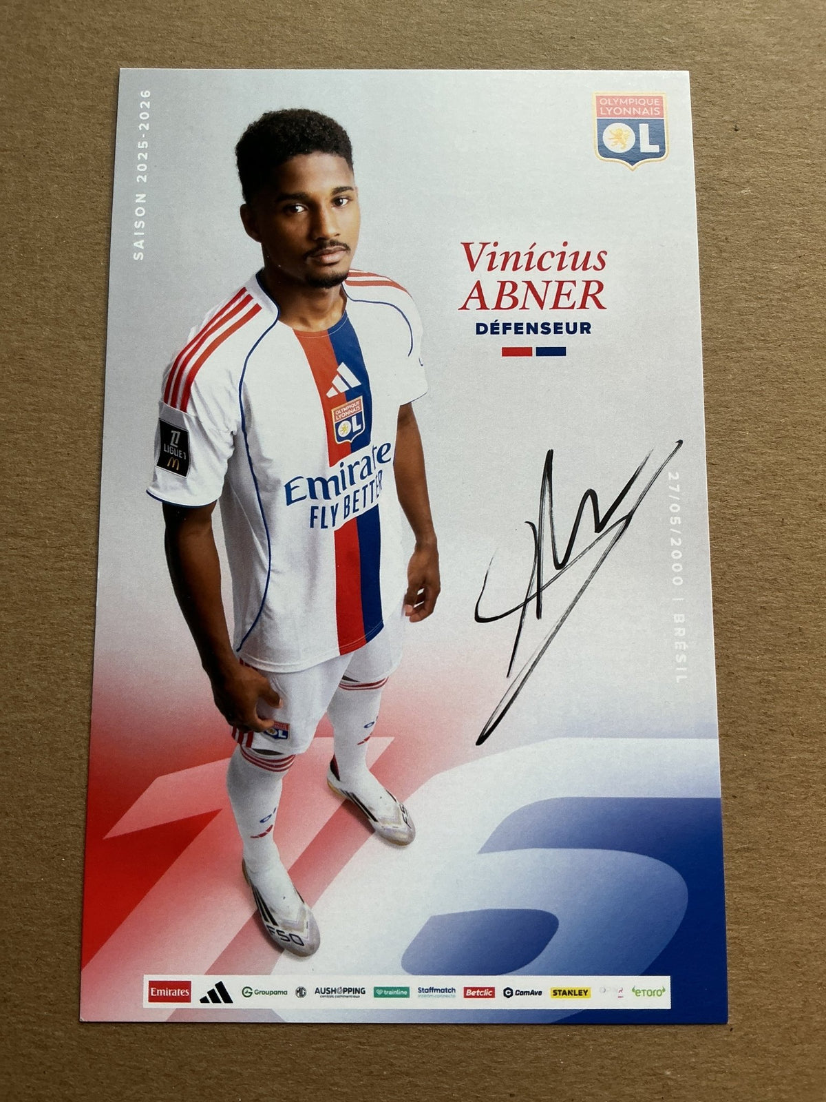 Vinícius Abner, Brazil 🇧🇷 Olympique Lyon 2025/26 hand signed - Autographs-World