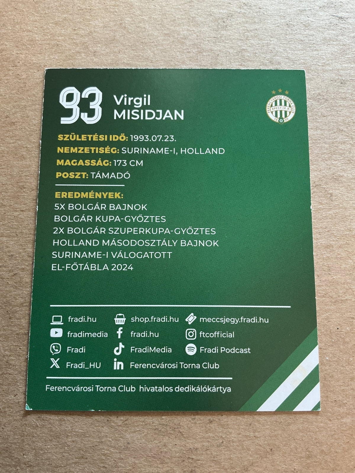 Virgil Misidjan, Suriname 🇸🇷 Ferencvaros TC 2024/25 hand signed - Autographs-World