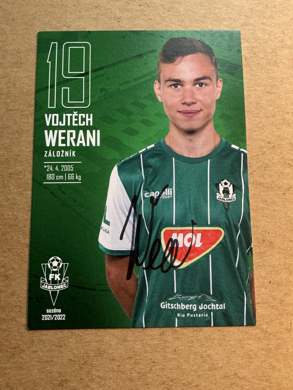 Vojtěch Werani, Czech Republic 🇨🇿 FK Jablonec 2021/22 hand signed - Autographs-World