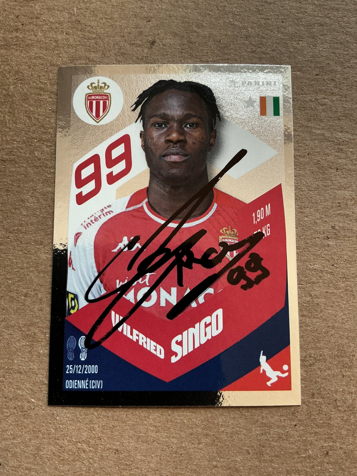 Wilfried Singo, Ivory Coast 🇨🇮 AS Monaco 2024 Panini hand signed - Autographs-World