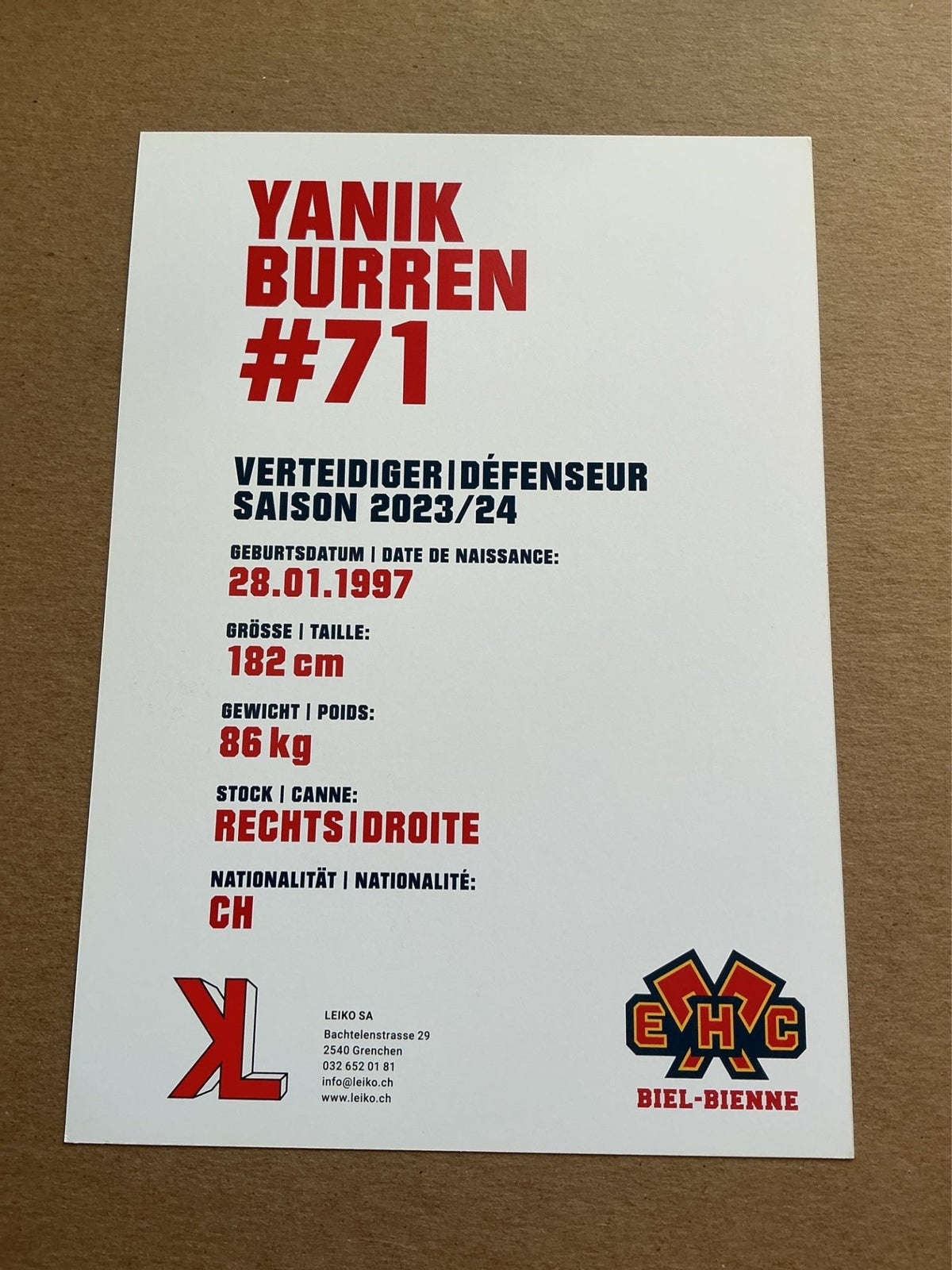 Yanik Buren, Switzerland 🇨🇭 EHC Biel-Bienne 2023/24 hand signed - Autographs-World