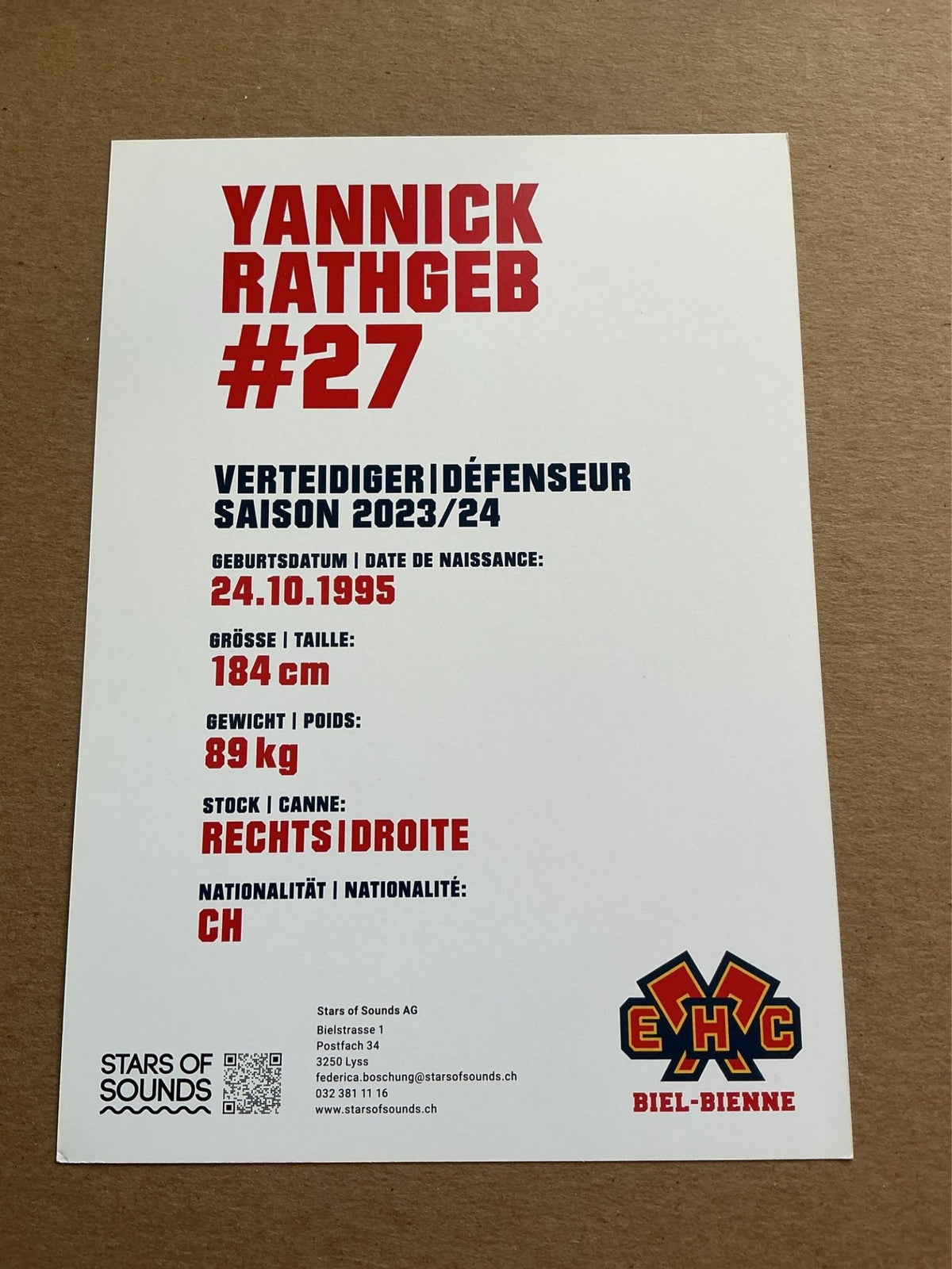 Yannick Rathgeb, Switzerland 🇨🇭 EHC Biel-Bienne 2023/24 hand signed - Autographs-World