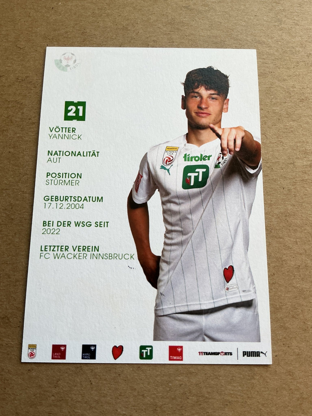 Yannick Vötter, Austria 🇦🇹 WSG Tirol 2023/24 hand signed - Autographs-World