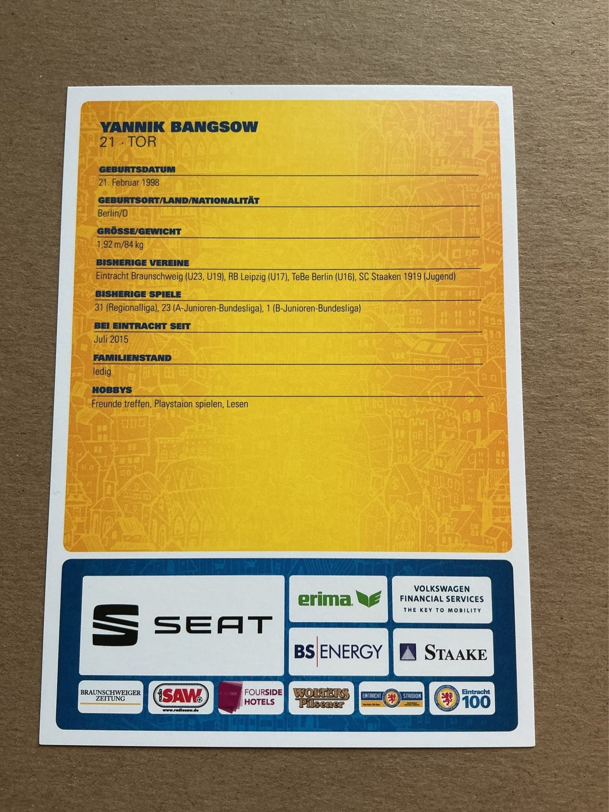 Yannik Bangsow, Germany 🇩🇪 Eintracht Braunschweig 2018/19 hand signed - Autographs-World