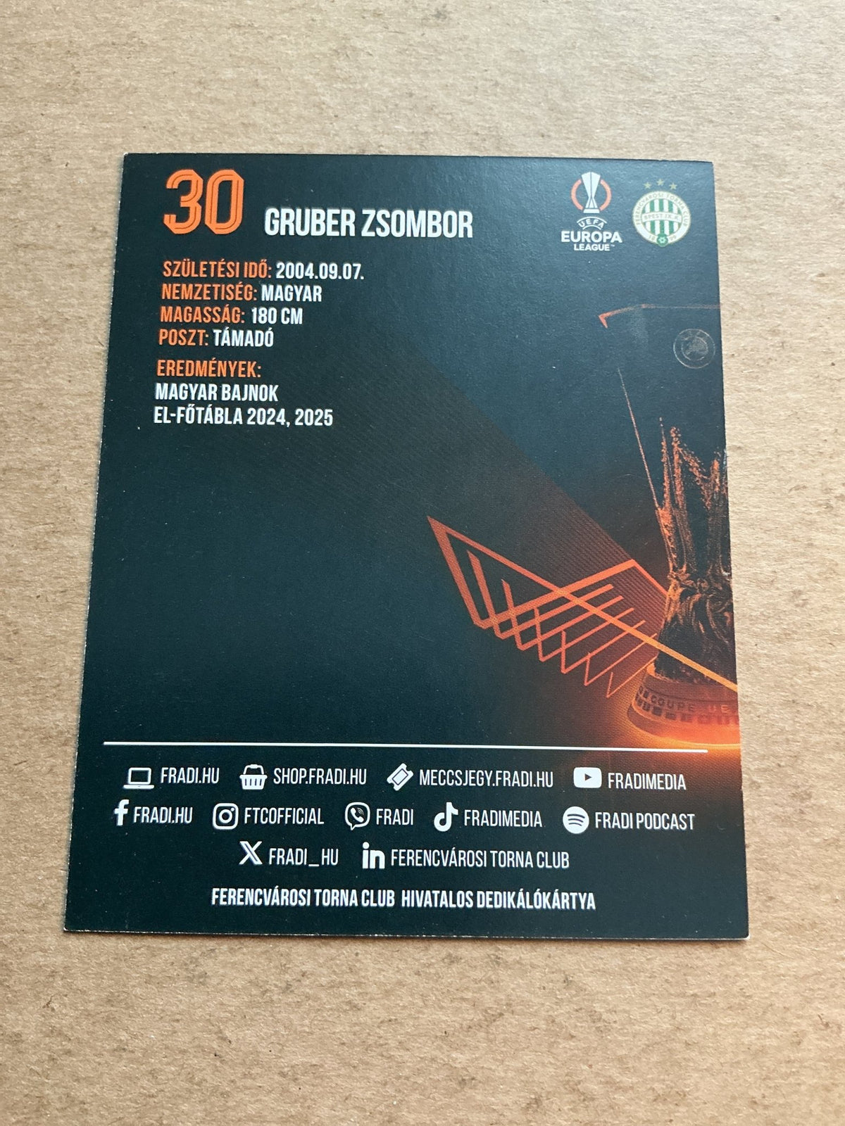Zsombor Gruber, Hungary 🇭🇺 Ferencvaros 2025/26 hand signed - Autographs-World